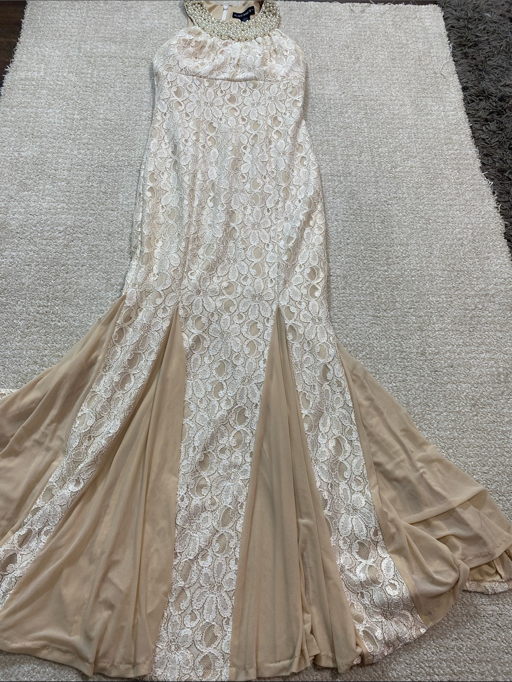Cachet Beaded Halter Lace Maxi Gown in Ivory and Blush Size 2 - Picture 12 of 15